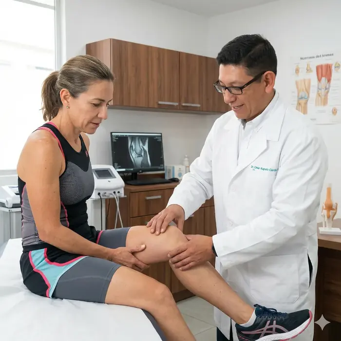 Paciente en consulta con el Dr. César Cerda revisando su rodilla