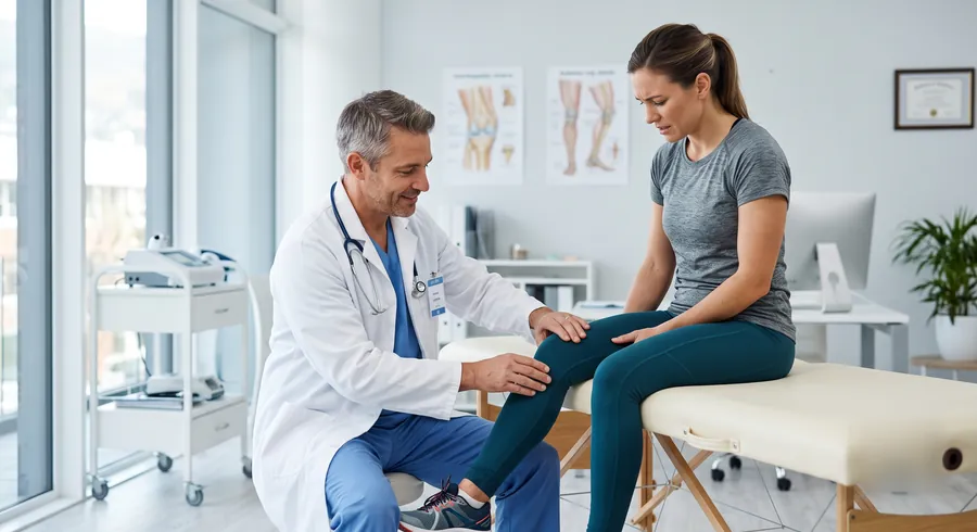 Médico revisando la rodilla de una paciente con ropa deportiva en consulta