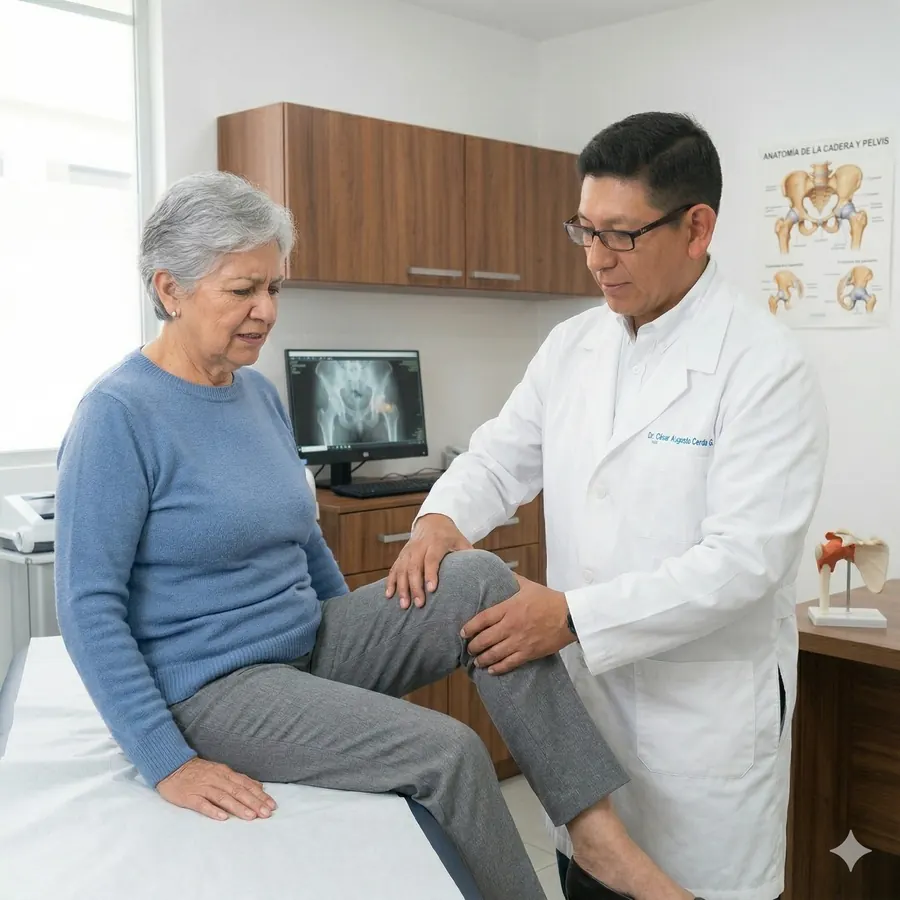 Médico revisando estudios de cadera con una paciente en consulta