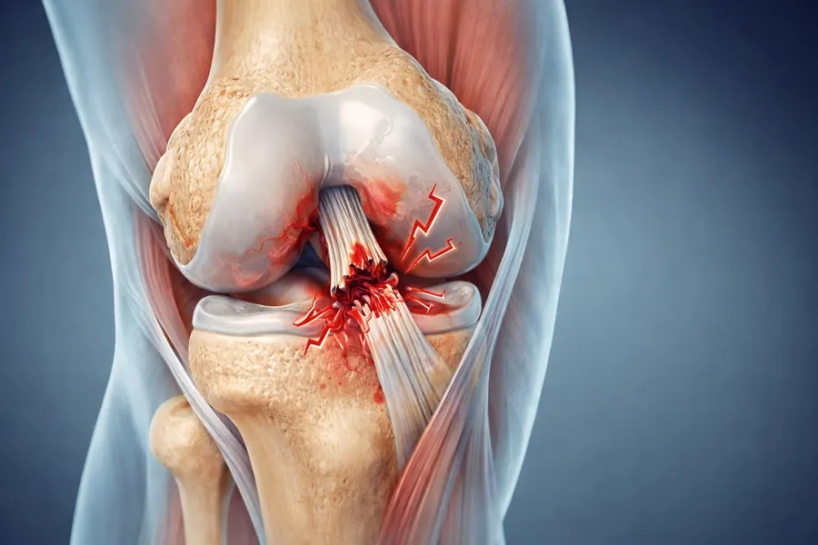 Ilustración de una rodilla con el ligamento cruzado anterior dañado