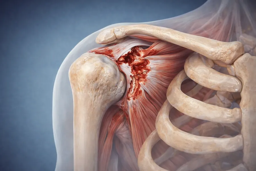 Ilustración médica de la articulación del hombro y sus tendones