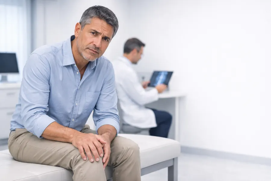 Paciente preocupado en consulta médica revisando una radiografía con su doctor
